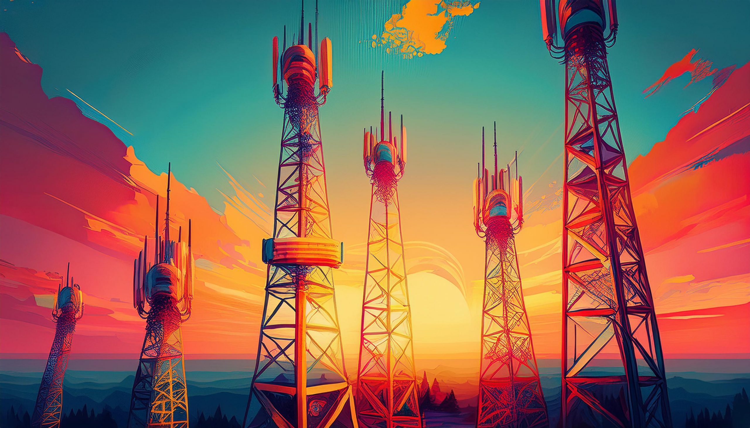 Stylised colourful illustration of telecom signal towers silhouetted against a vivid sunset sky.