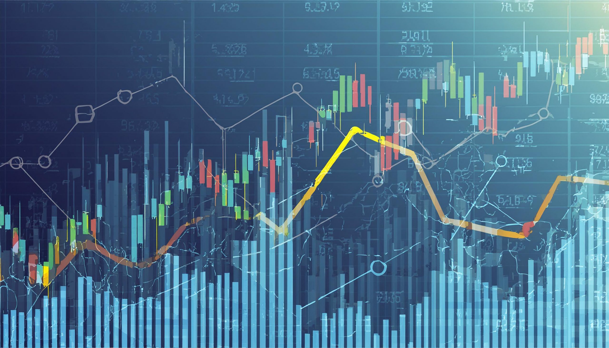Abstract stock-market chart with candlesticks, bars and a yellow trend line rising and falling.