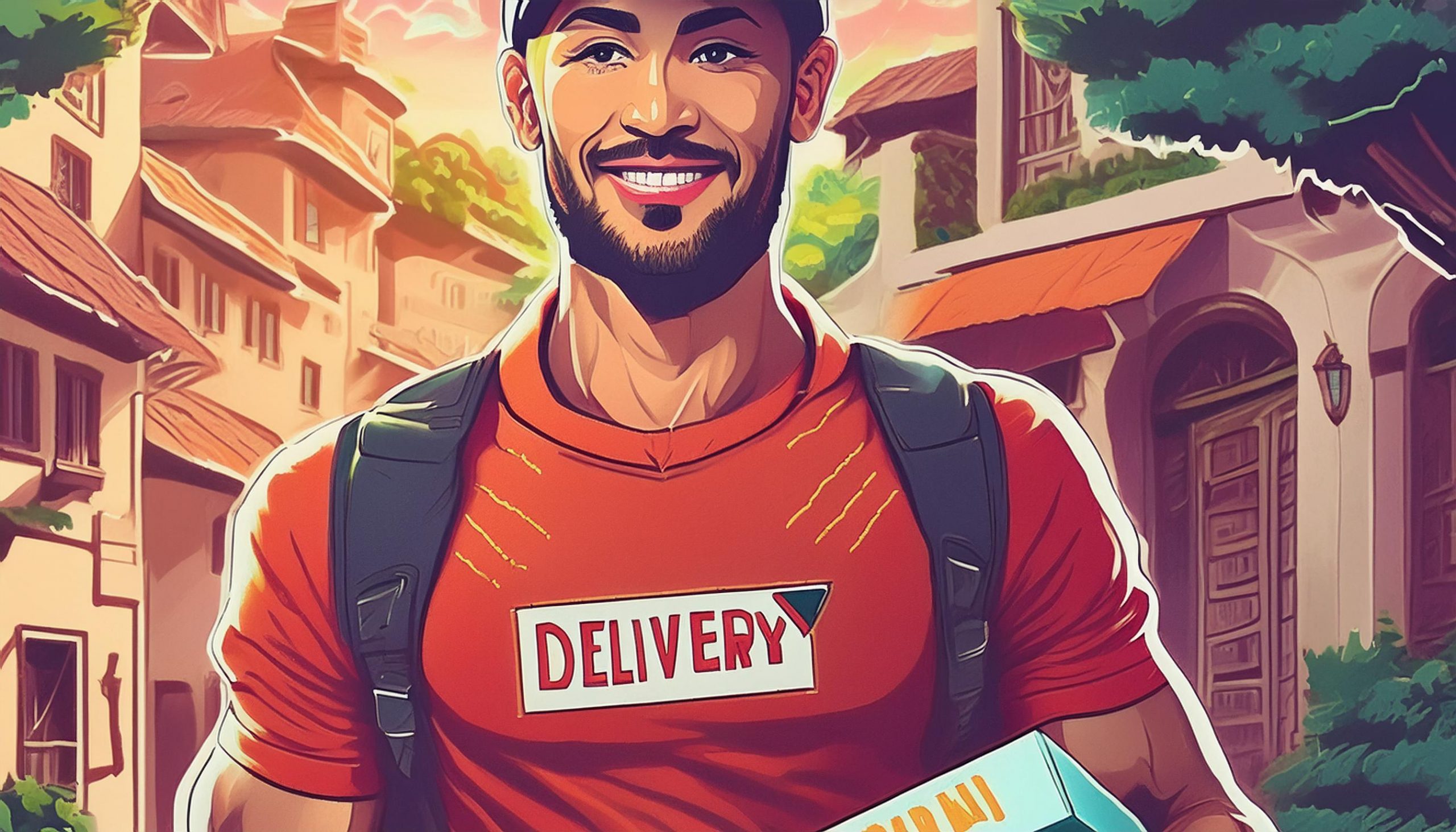 Illustration of a smiling delivery man in a red DELIVERY shirt carrying a food package through a colourful town.