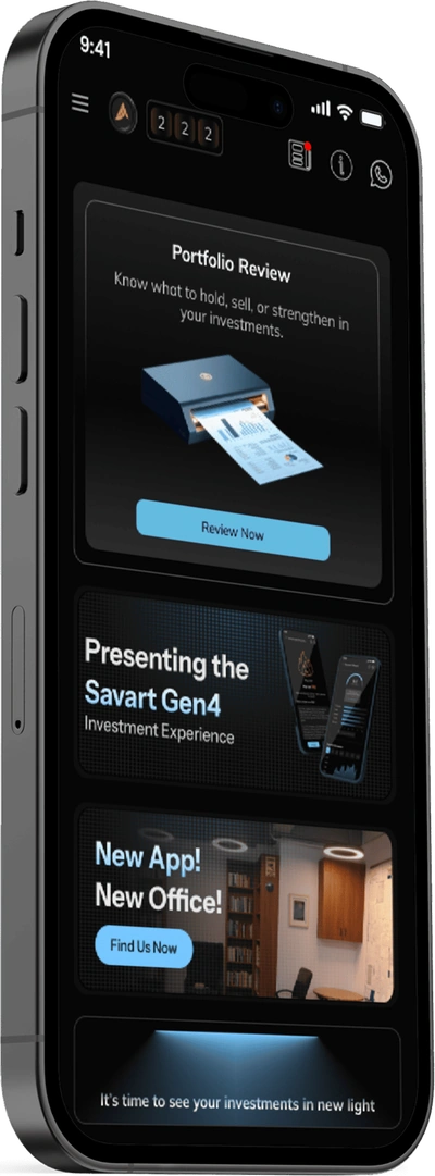 Illustrative Savart app screen with a Portfolio Review entry point.