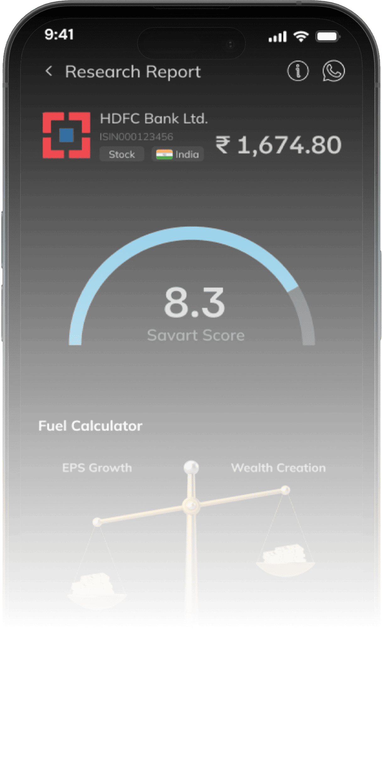 Illustrative Savart research screen with a stock report and Savart Score.